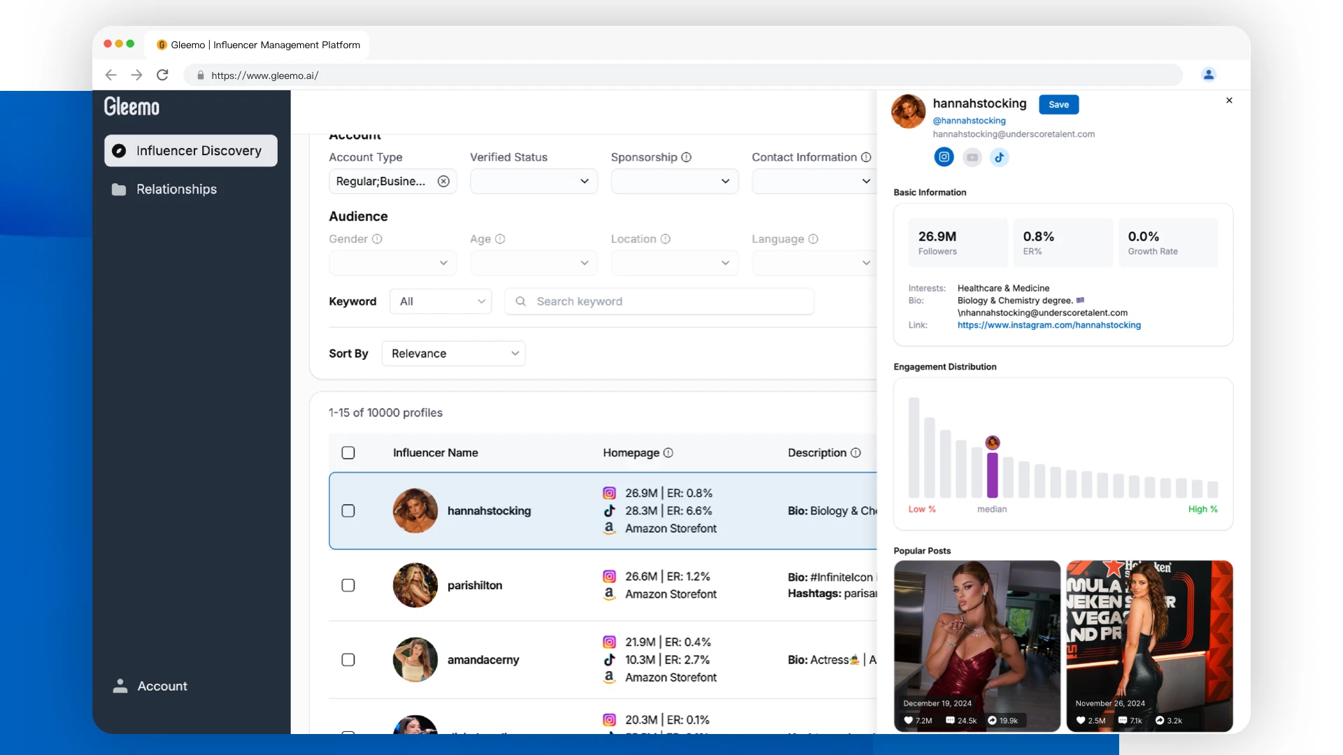 Gleemo - Discover and manage digital influencers 4 Quick profile analysis