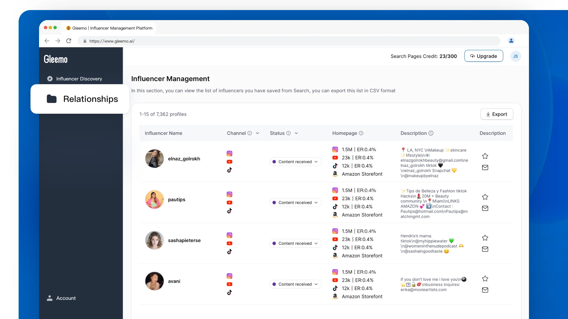 Gleemo - Discover and manage digital influencers 5 Influencer management